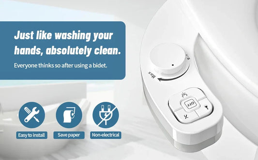 Image showcasing benefits of switching to a bidet, including improved hygiene, easy-to-install, environmental impact, cost savings, and health benefits.